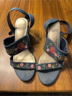 Impo Denim Embroidered Block Heel Sandals - Dark Blue with Pink & Yellow Floral